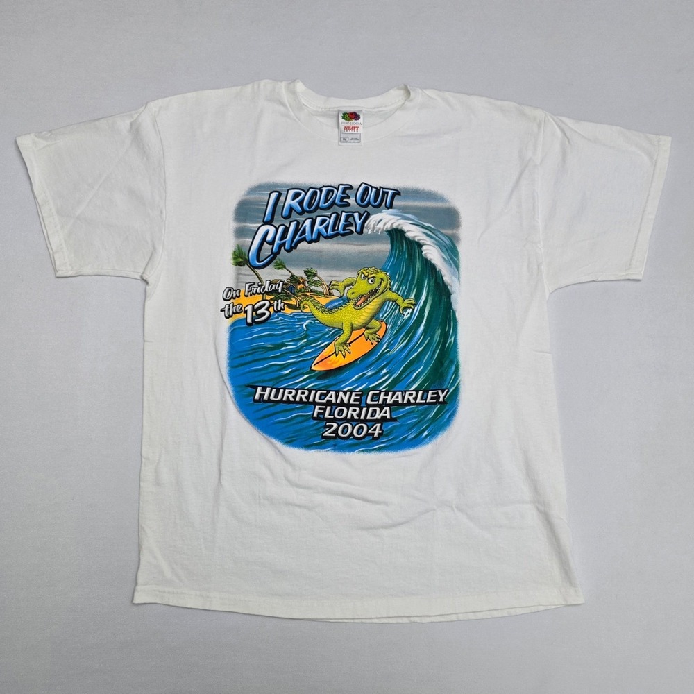 Vintage Hurricane Charley 2004 Florida T-Shirt Mens XL White Surfing Alligator